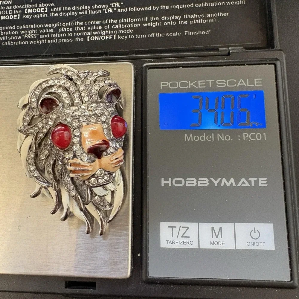Vintage KJL Kenneth J Lane Lion Pin Enamel Rhinestones Red Gripoix HEAVY